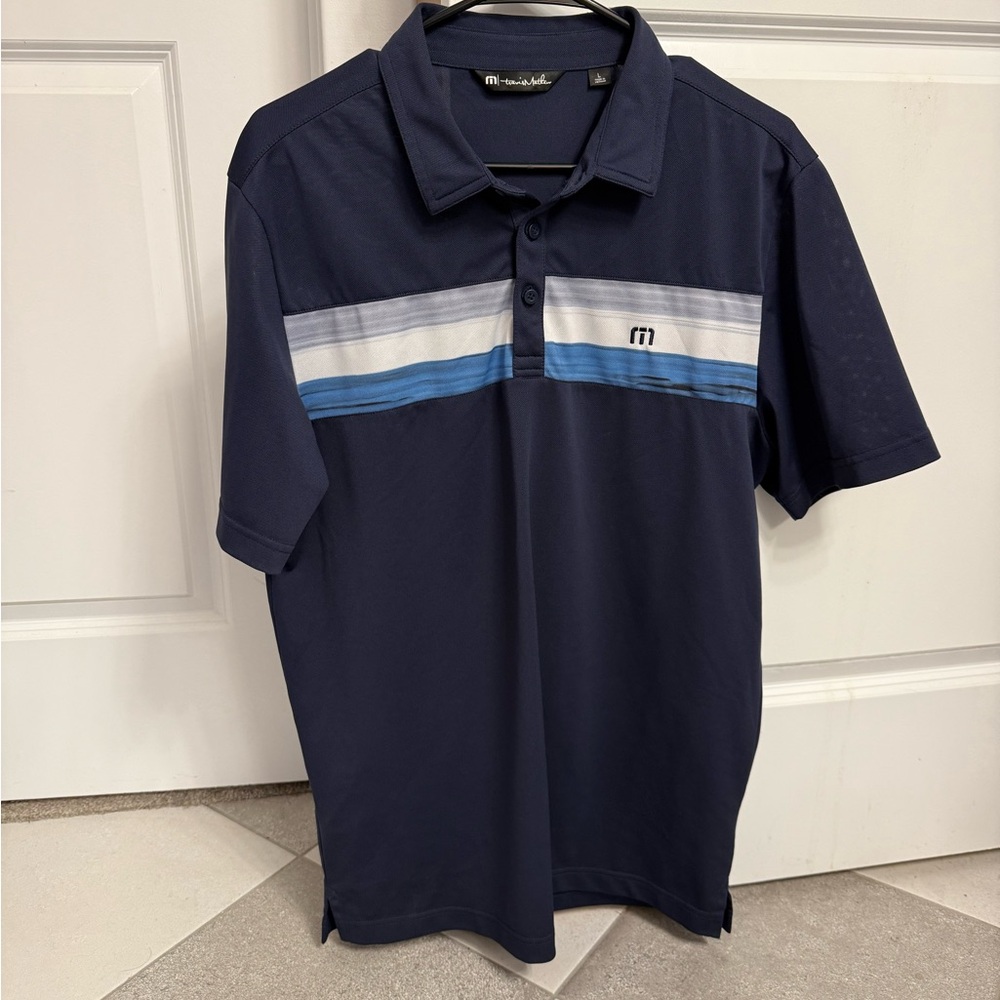 Travis Mathew Navy and Blue Striped Polo Shirt